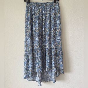 Hippie Rose Floral Midi Skirt S High Low Rayon Boho‎ Tiered Asymmetrical Peasant